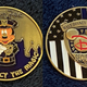 Two unofficial challenge coins presented on eBay featuring Mickey Mouse as a police officer and the thin blue line flag.